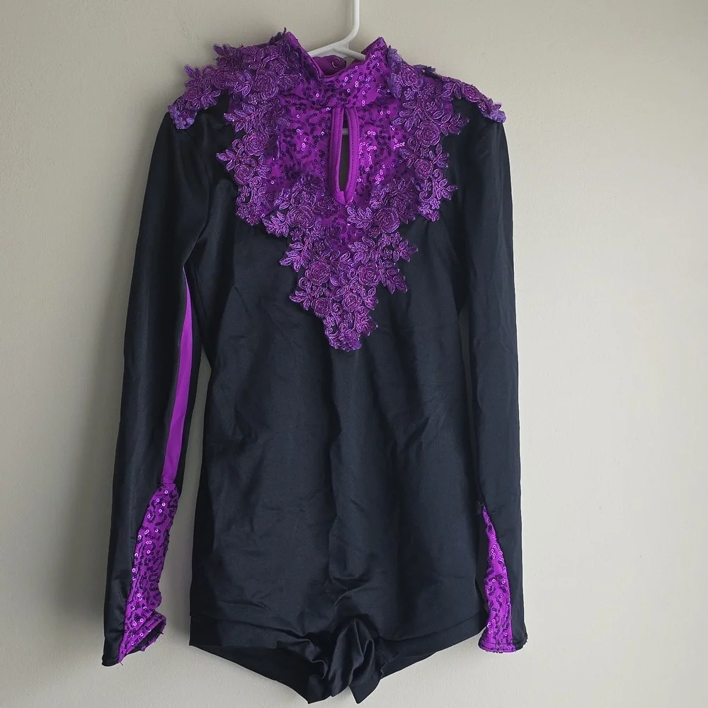Weissman Black & Purple Sequin Lace Biketard Dance Costume - Size MC (10/12) - Picture 2 of 11